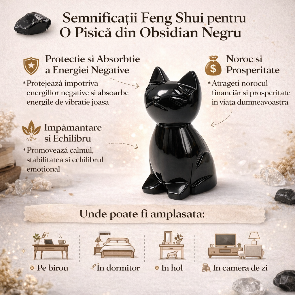 Pisica din Obsidian Negru natural Mexic – protectie Feng Shui, noroc si echilibru energetic