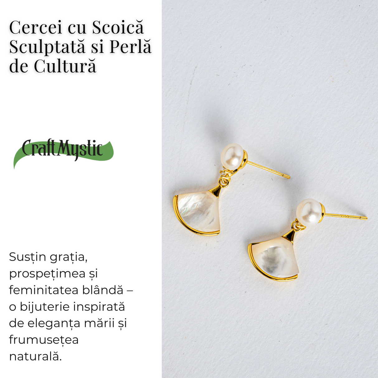 Gratie si prospetime - Cercei cu scoica sculptata si perla de cultura