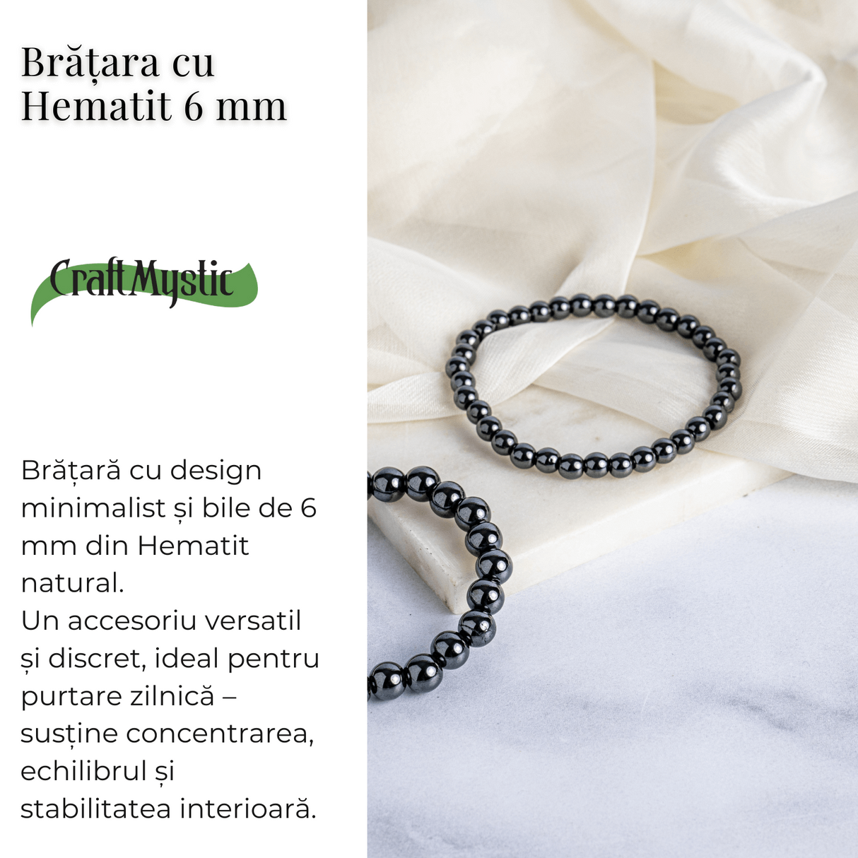 Putere si claritate - Bratara elastica cu pietre de hematit 6 mm