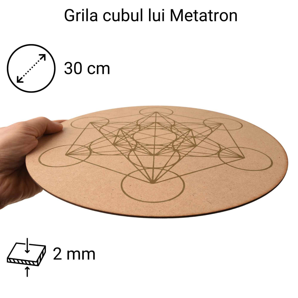 Grila din Lemn pentru Cristale cu Modelul Cubului lui Metatron, Diametru 30 cm
