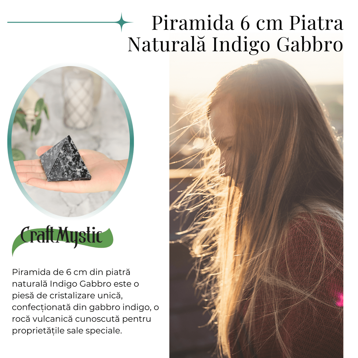Piramida Sculptata Manual 60mm din Piatra Merlinit Mistic sau Indigo Gabbro Natural