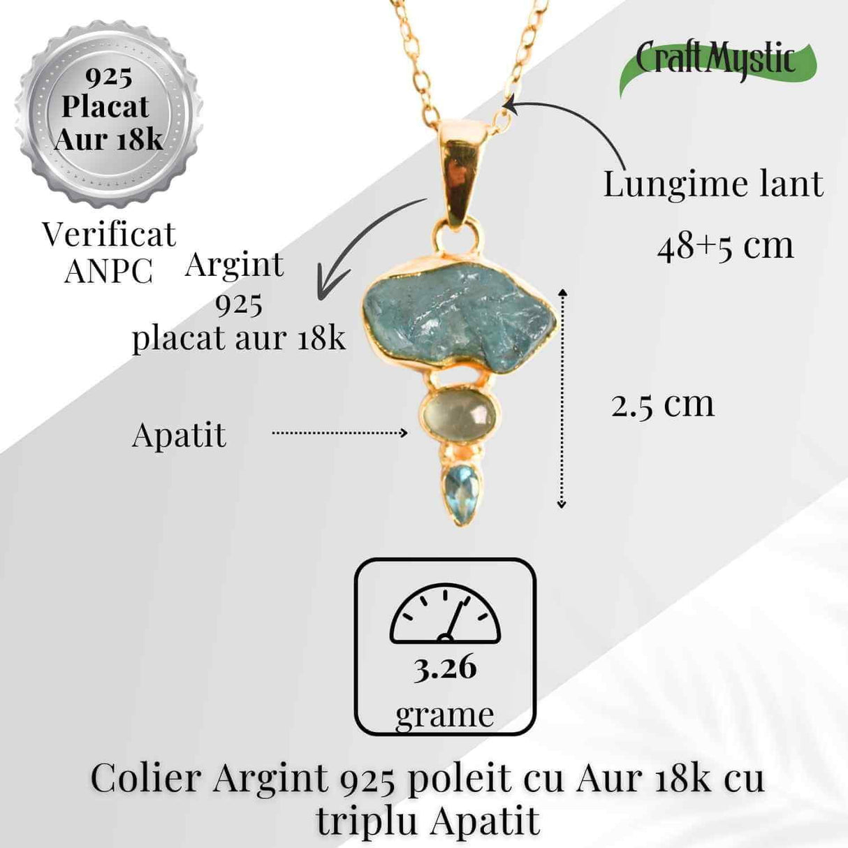 Claritate Mentala si Comunicare Autentica - Colier inox si pandantiv argint 925 placat cu aur de18k si Triplu Apatit