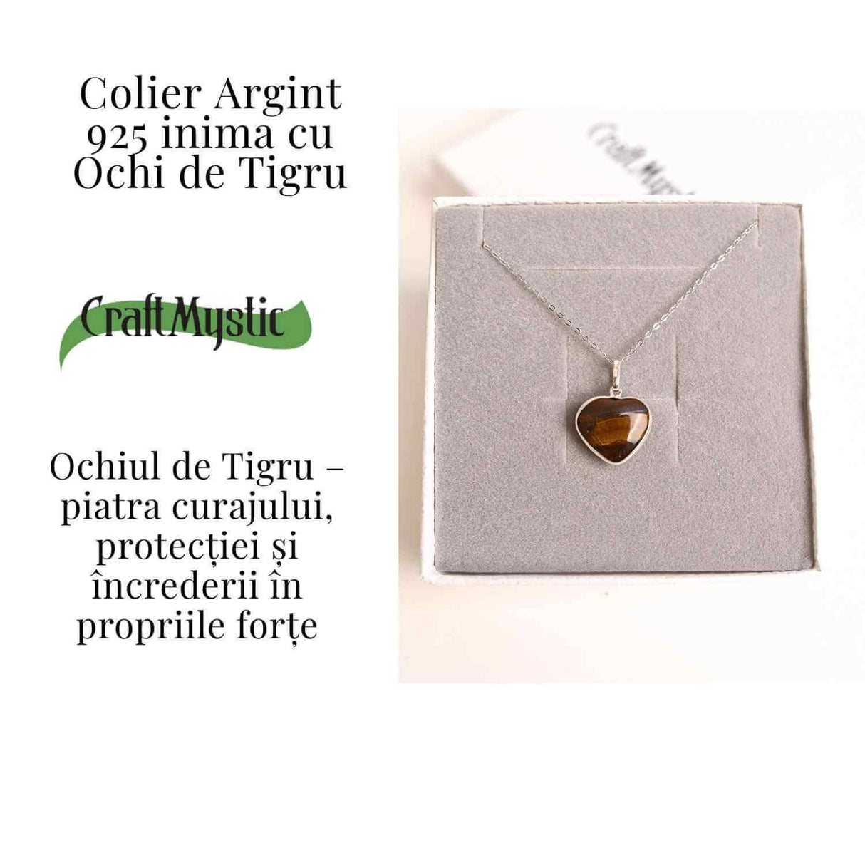 Curaj si Protectie Zilnica - Colier Inima din Argint 925 cu Ochi de Tigru