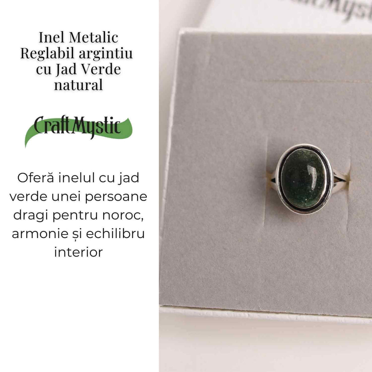 Inel Ajustabil Argintiu cu Jad Verde - Echilibru si protectie energetica