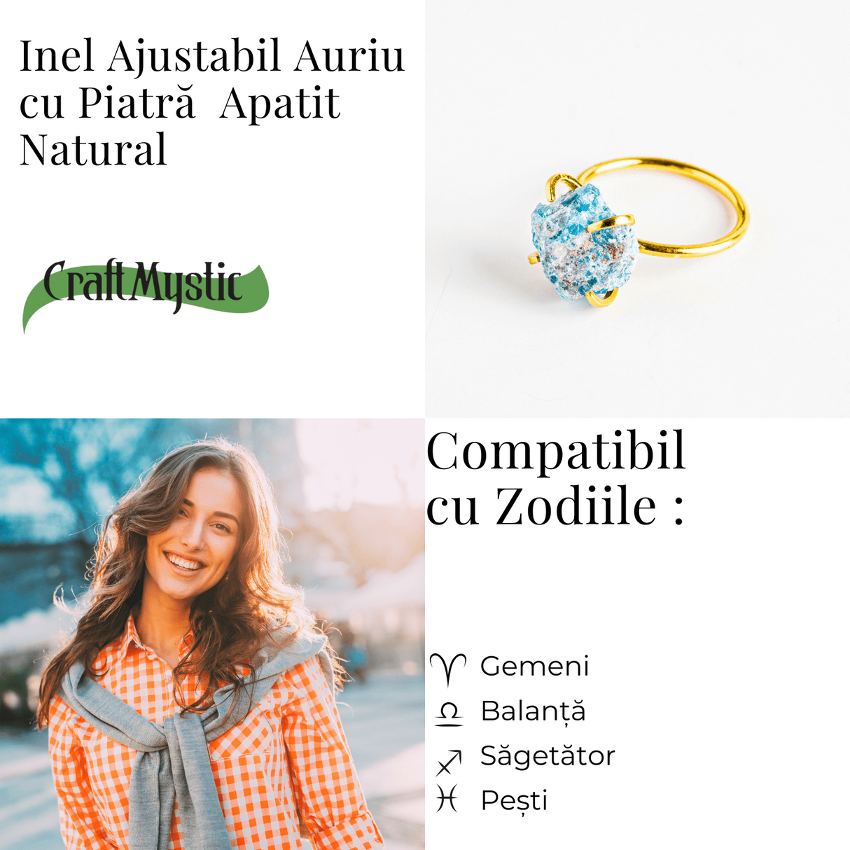 Inel Ajustabil Auriu cu Apatit Brut - Energie Pozitiva, Claritate Mentala si Creativitate