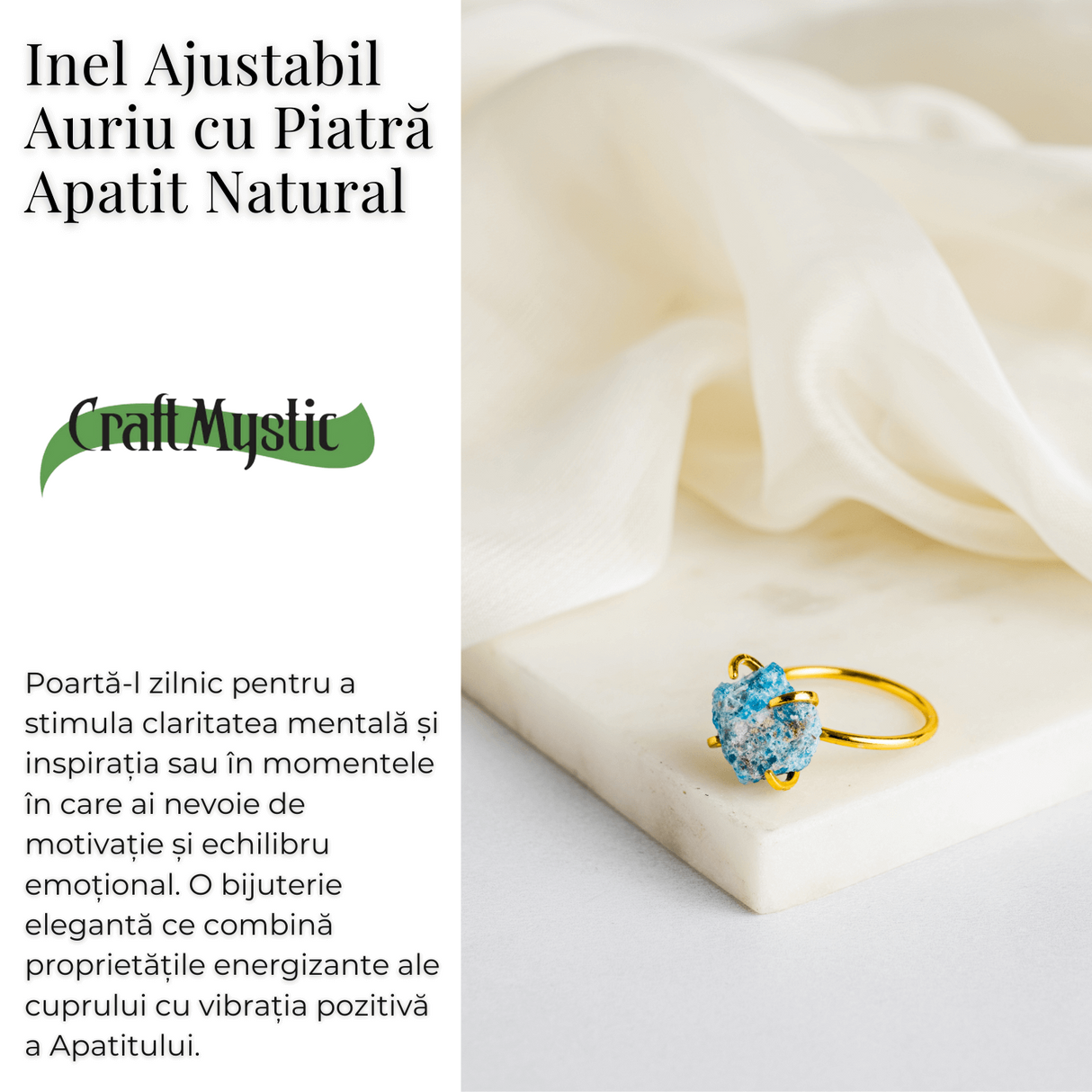 Inel Ajustabil Auriu cu Apatit Brut - Energie Pozitiva, Claritate Mentala si Creativitate