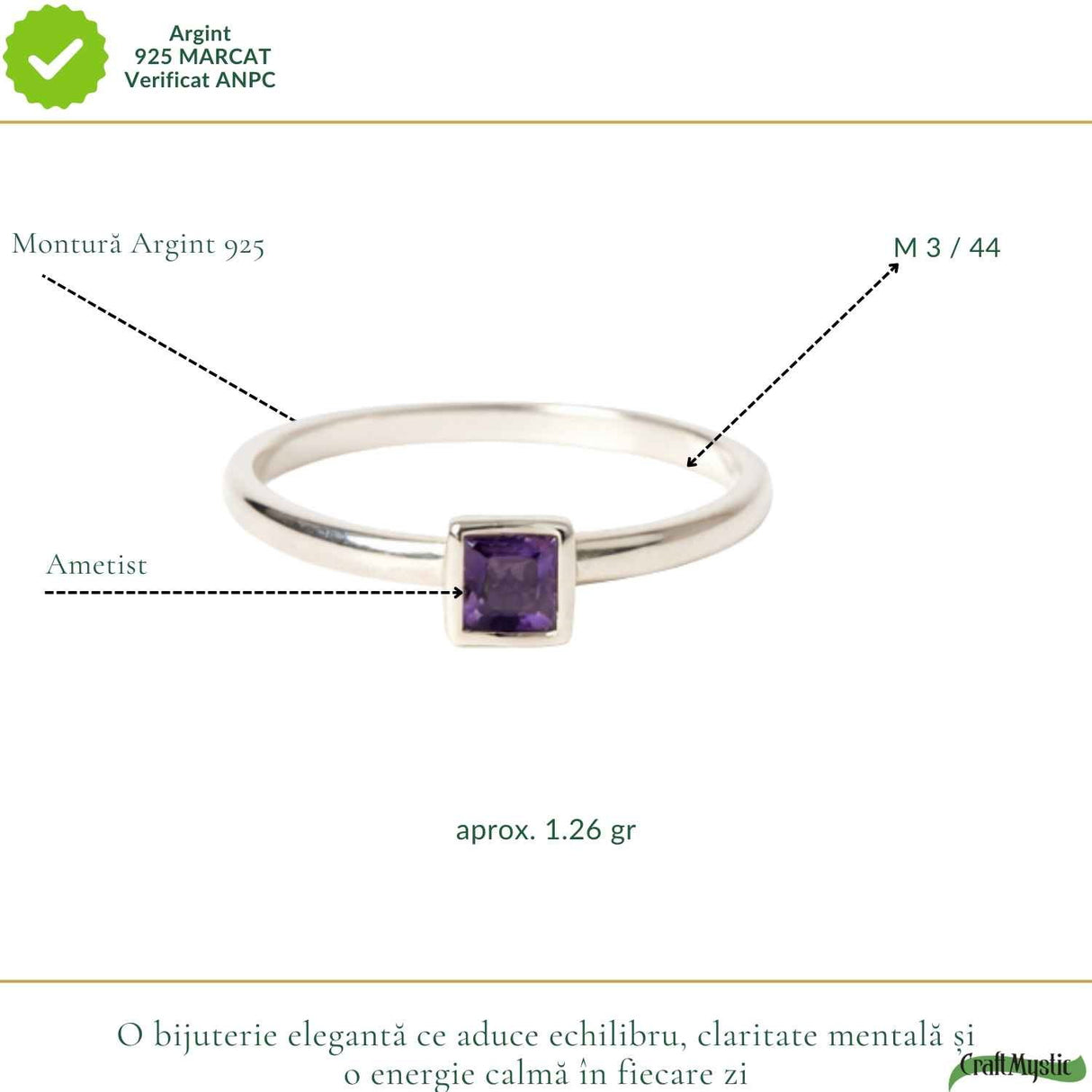 Inel Argint 925 cu Ametist Natural Patrat Fatetat – Claritate si Echilibru Interior