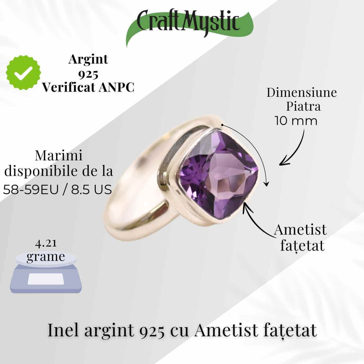 Inel Argint 925 cu Ametist Fatetat Patrat - Echilibru si Claritate Spirituala