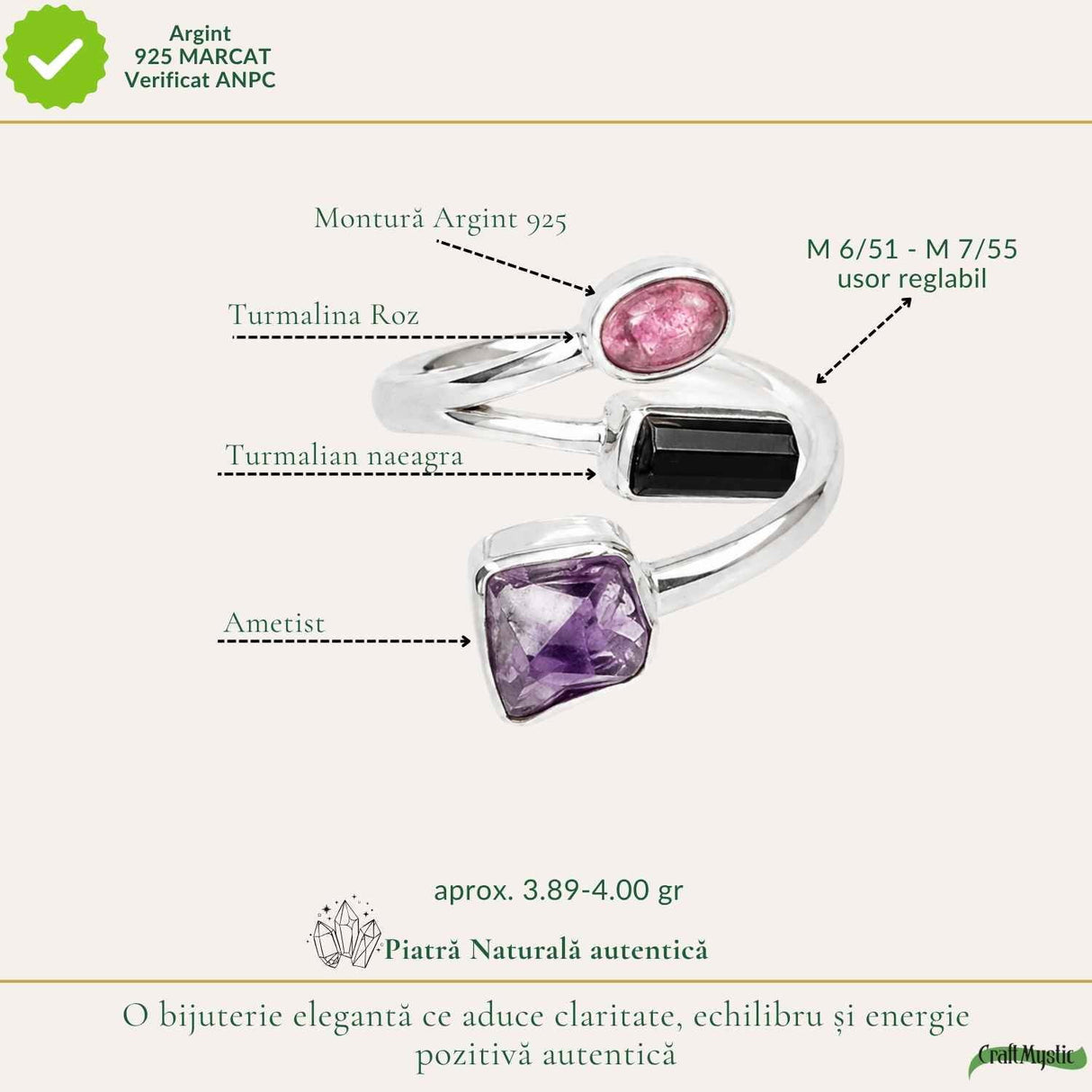 Inel Argint 925 cu Turmalina Neagra, Ametist si Turmalina Roz – Protectie si Echilibru
