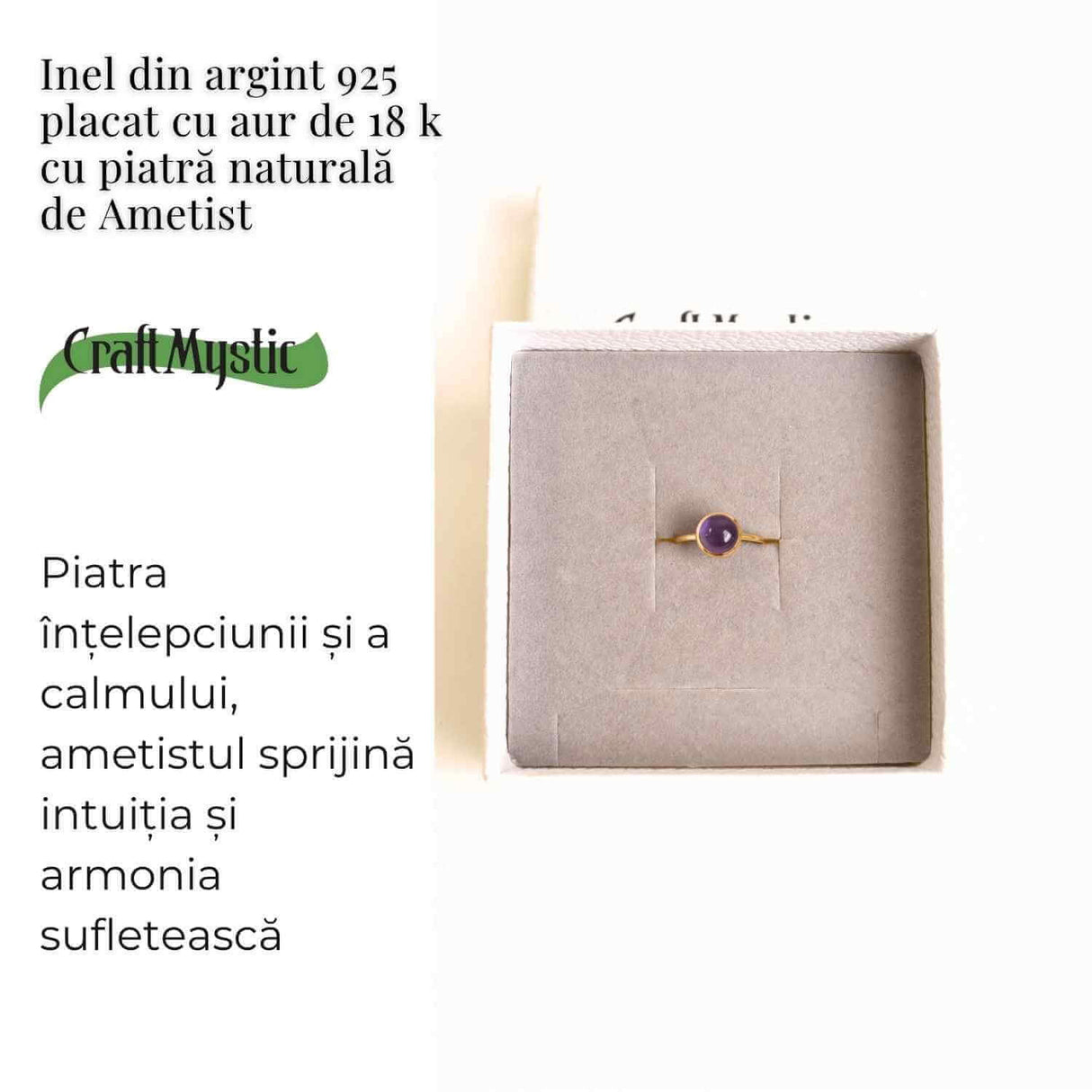 Inel Argint 925 placat cu aur 18K cu Ametist Rotund - Armonie si Claritate Spirituala