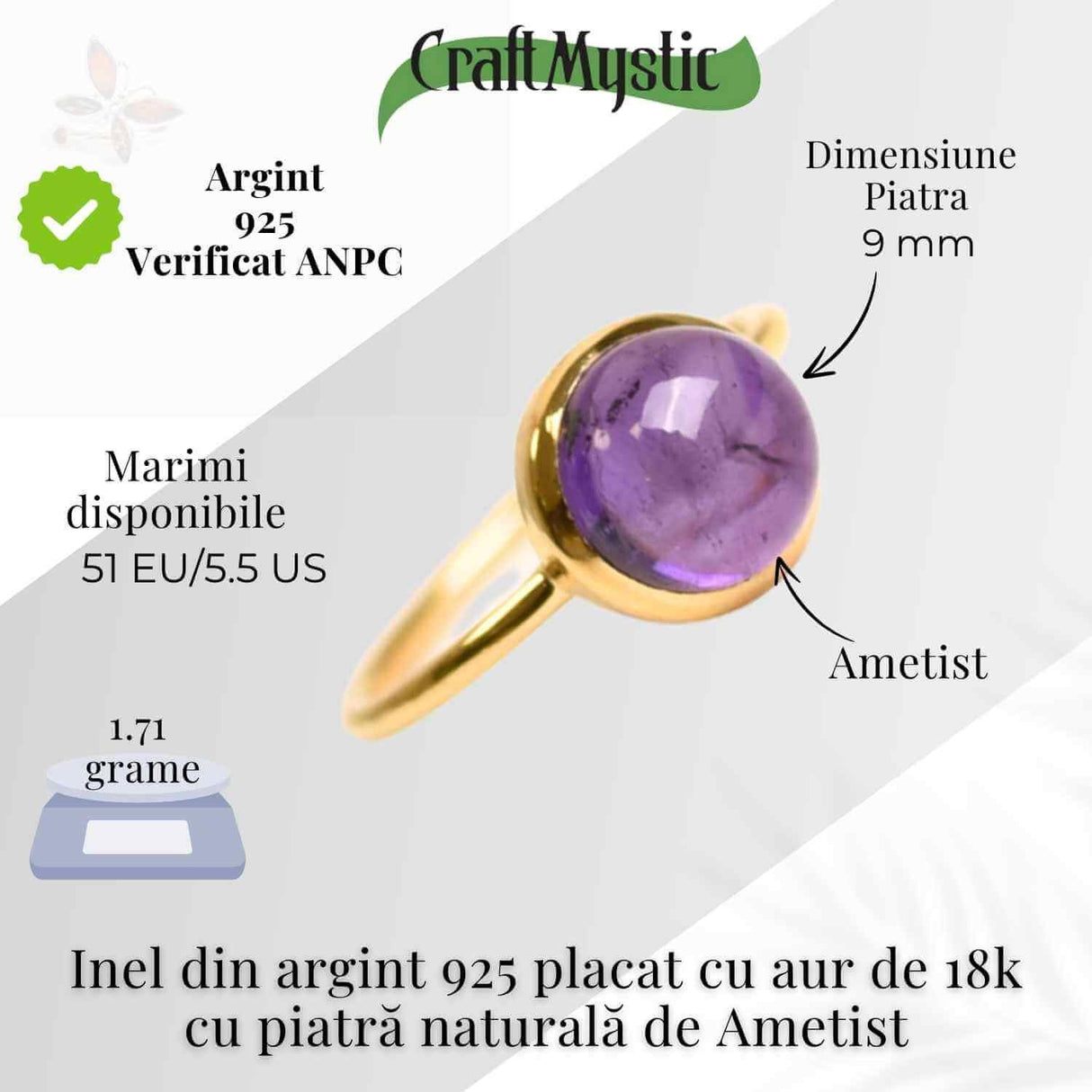 Inel Argint 925 placat cu aur 18K cu Ametist Rotund - Armonie si Claritate Spirituala