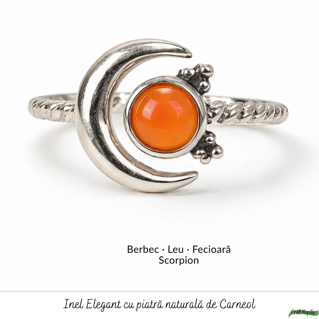 Inel argint 925 cu Carneol semiluna si soare – energie si echilibru feminin
