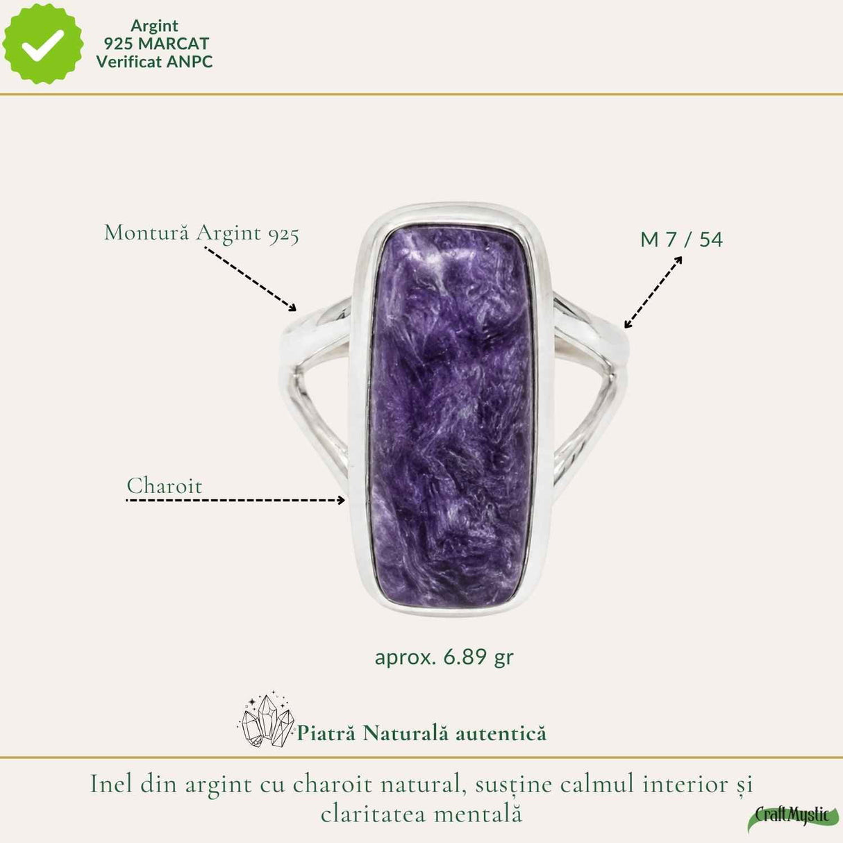 Inel Argint 925 cu Charoit Dreptunghi – Claritate Spirituala si Echilibru Interior
