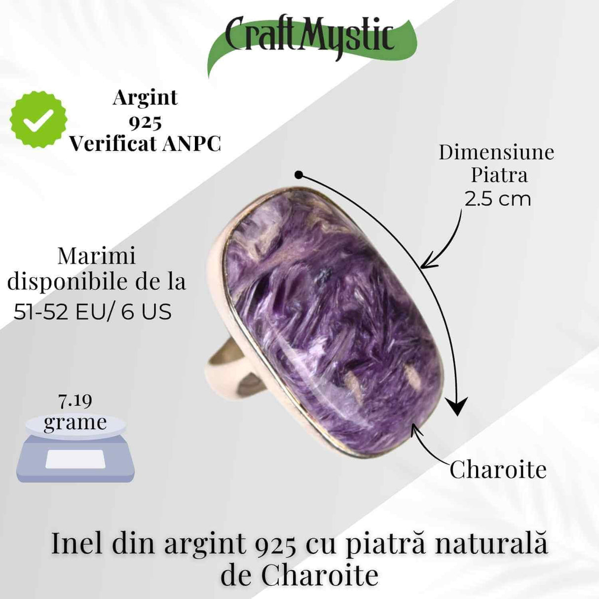 Inel argint 925 cu piatra naturala Charoite dreptunghiular