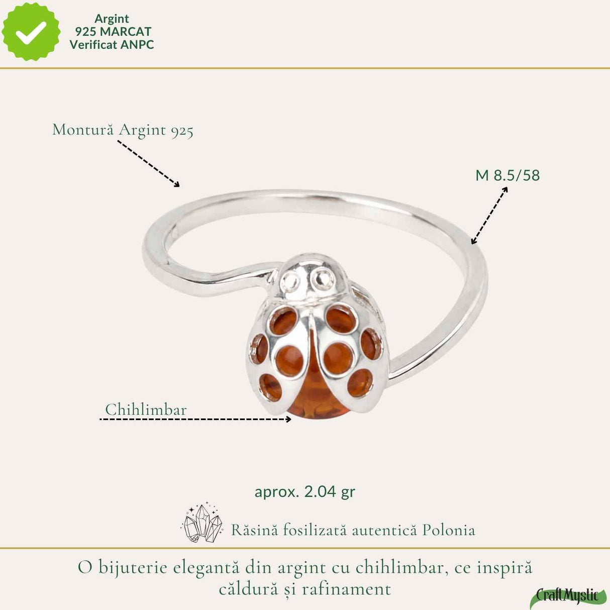 Inel Argint 925 cu Chihlimbar Coniac si Buburuza – Energie Calda si Noroc