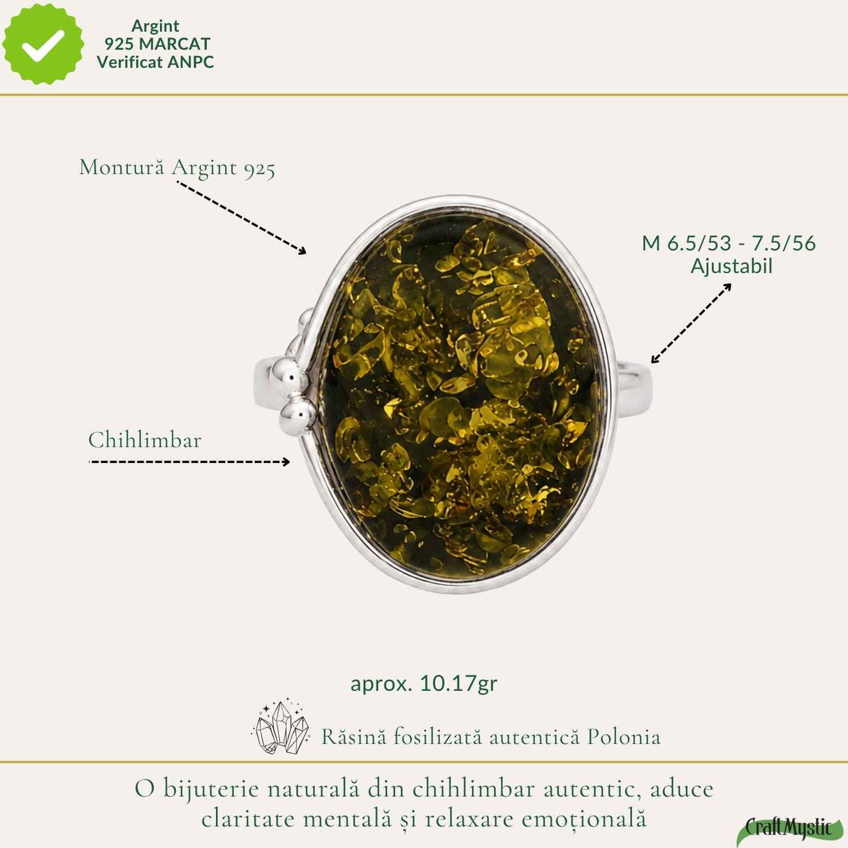 Inel Argint 925 cu Chihlimbar Verde Oval – Eleganta Naturala si Energie Feminina