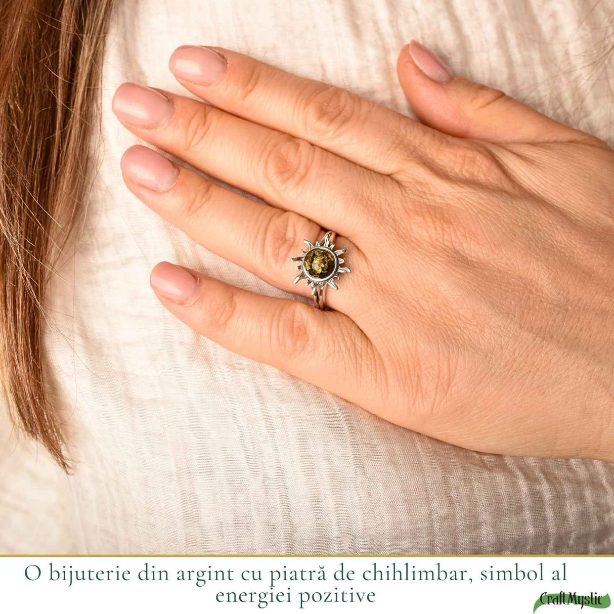 Inel Argint 925 cu Chihlimbar Verde si Soare – Energie Luminoasa si Echilibru