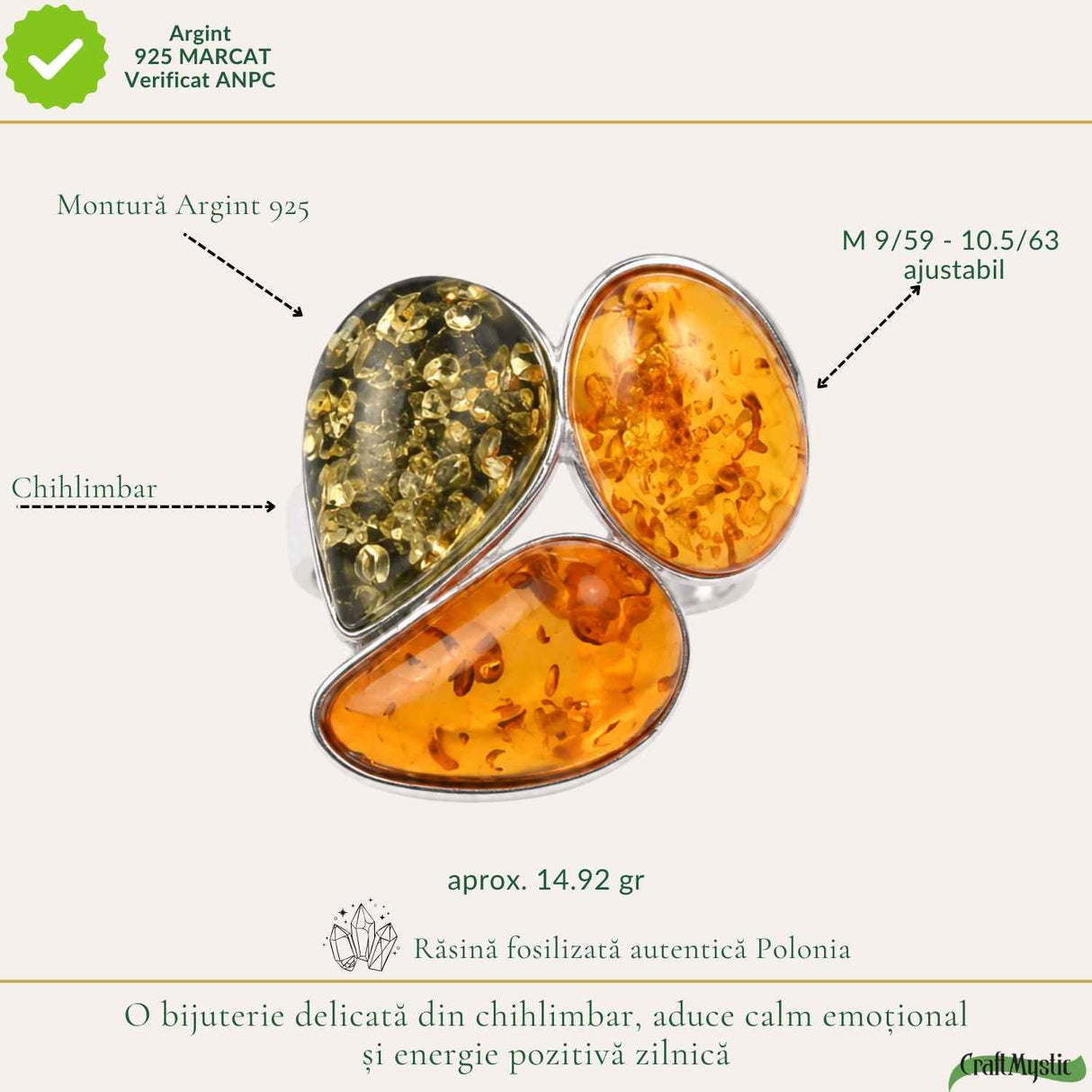 Inel Argint 925 cu Chihlimbar Coniac si Verde Floare – Caldura si Feminitate Naturala