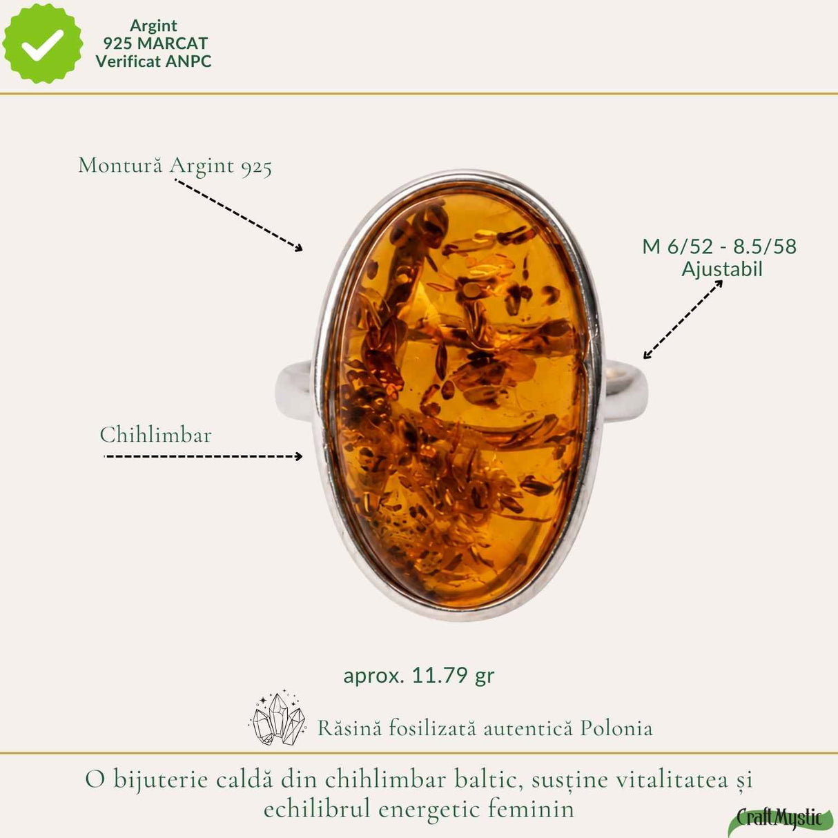 Inel Argint 925 cu Chihlimbar Coniac Oval – Eleganta Calda si Rafinament Natural