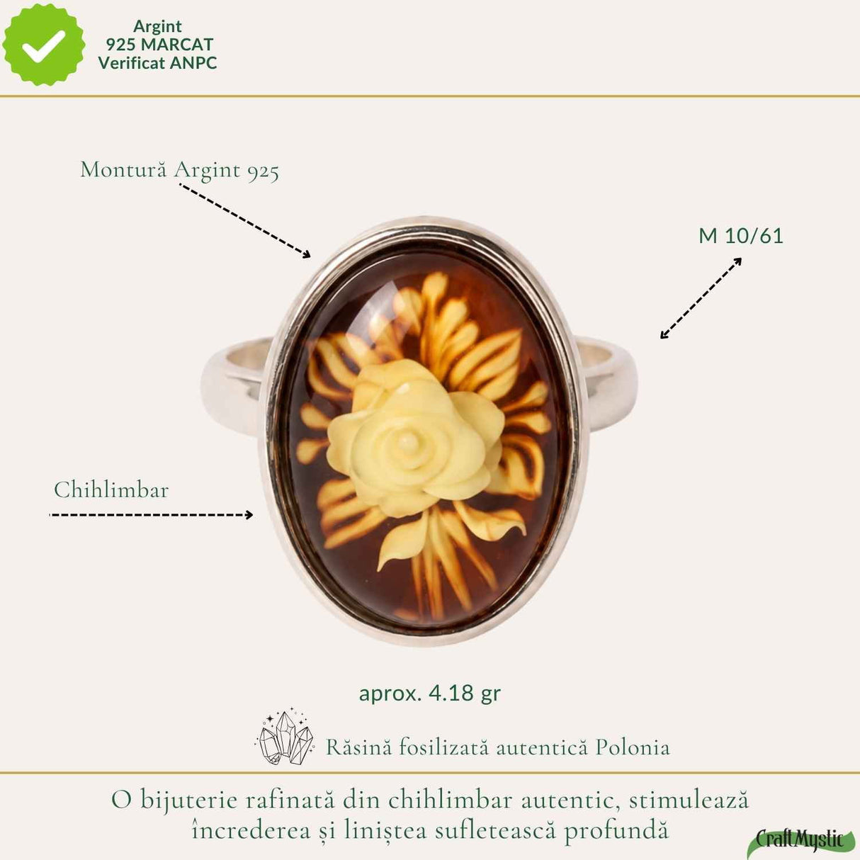 Inel Argint 925 cu Chihlimbar Verde Oval si Trandafir sculptat– Eleganta si Energie Naturala