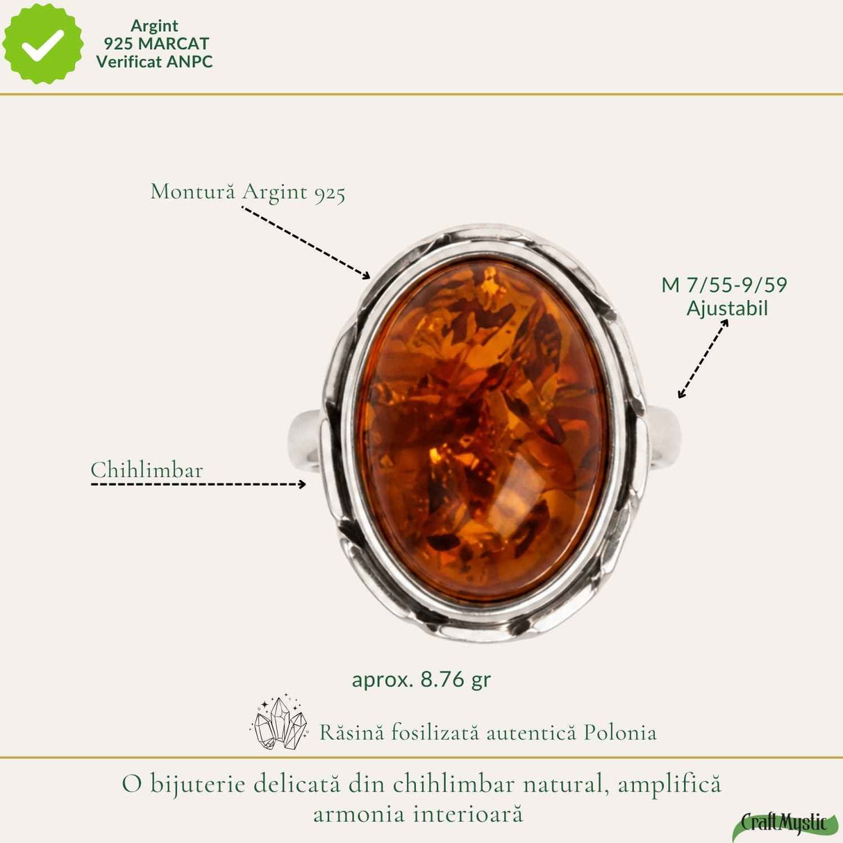 Inel Argint 925 cu Chihlimbar Coniac Oval – Eleganta Calda si Energie Naturala