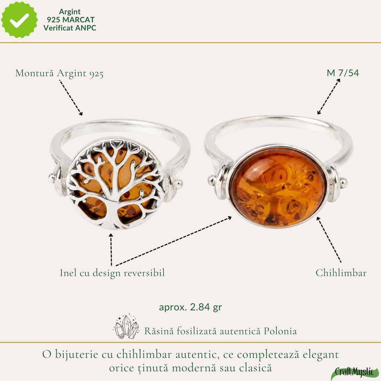 Inel Argint 925 cu Chihlimbar Coniac si Arborele Vietii – Echilibrusi Energie Calda
