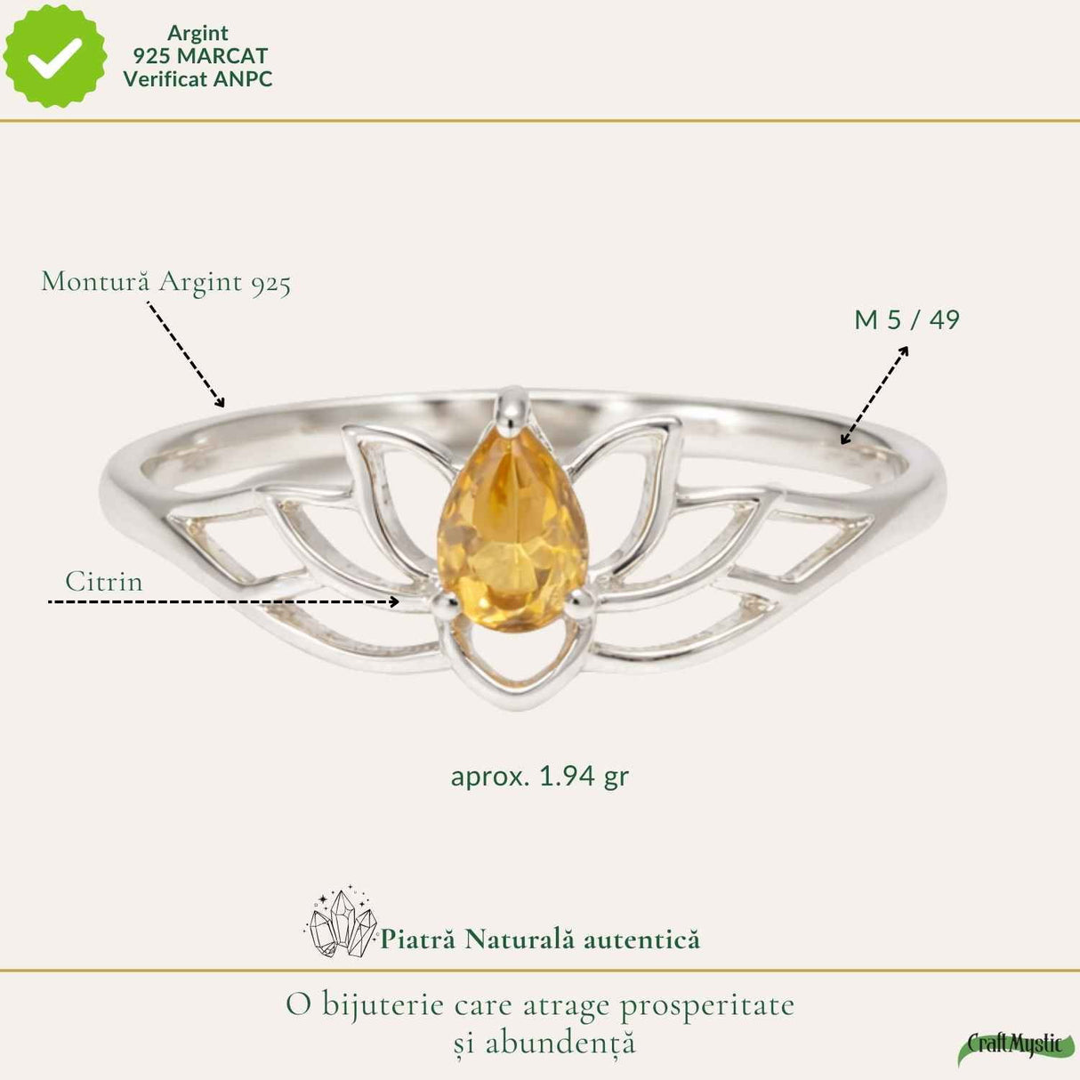 Inel argint 925 cu Citrin floare de lotus – prosperitate si energie pozitiva