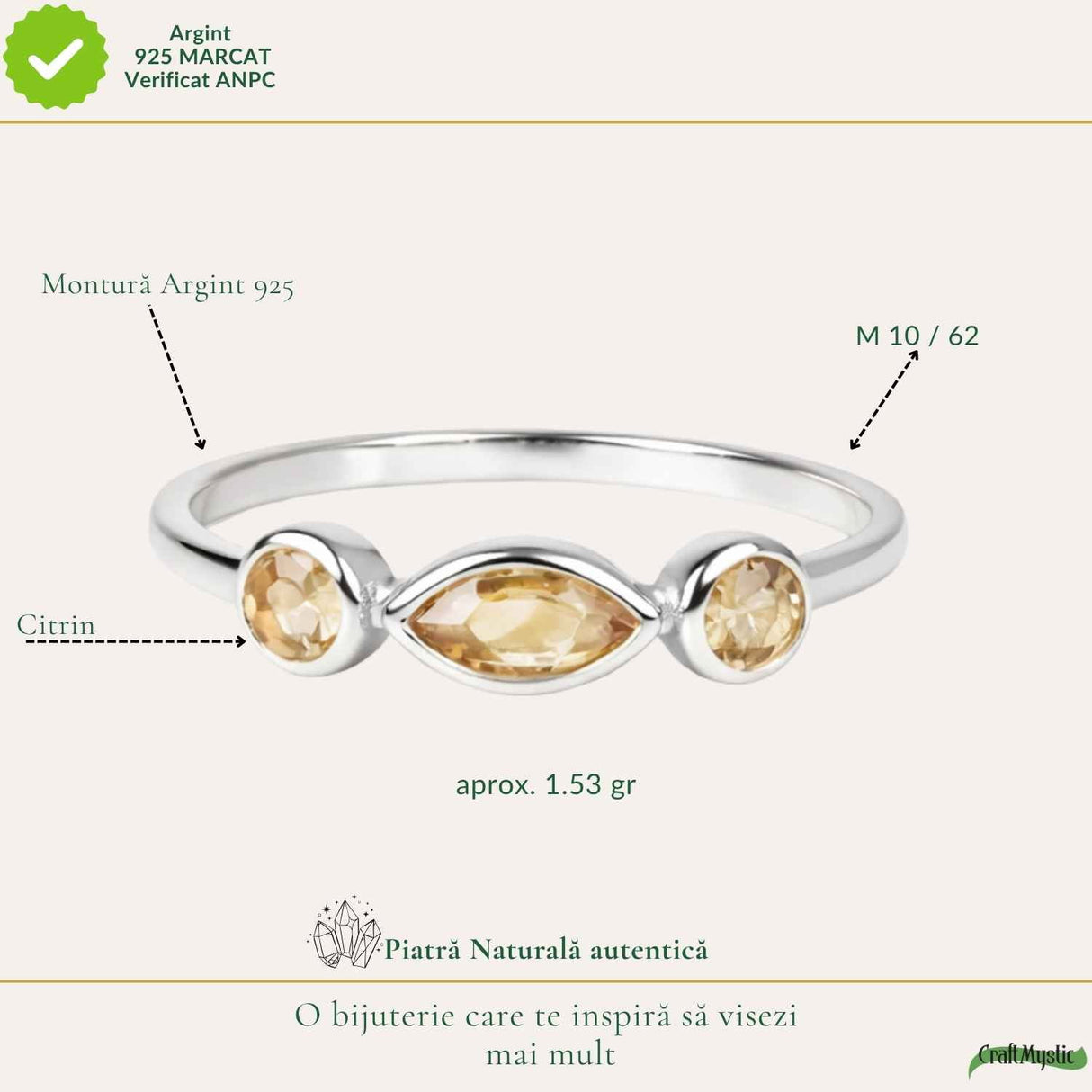 Inel argint 925 cu Citrin triplu – energie pozitiva si prosperitate