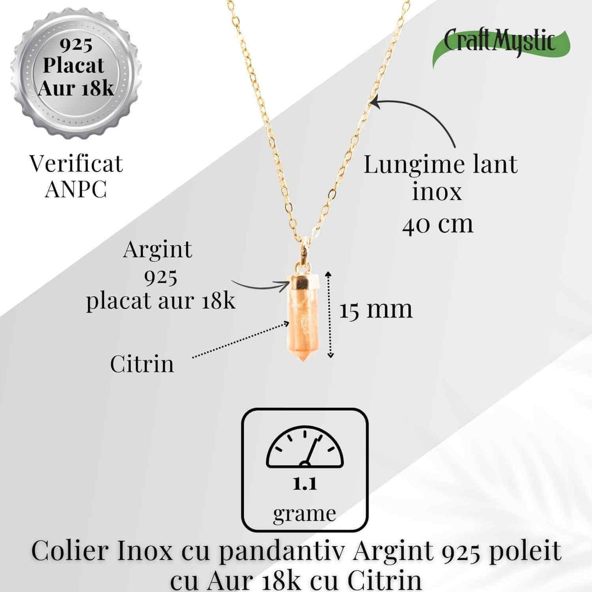 Colier Citrin Turnulet montura argint 925 placat cu aur de 18k si lant inox - Claritate Mentala si Energie Pozitiva