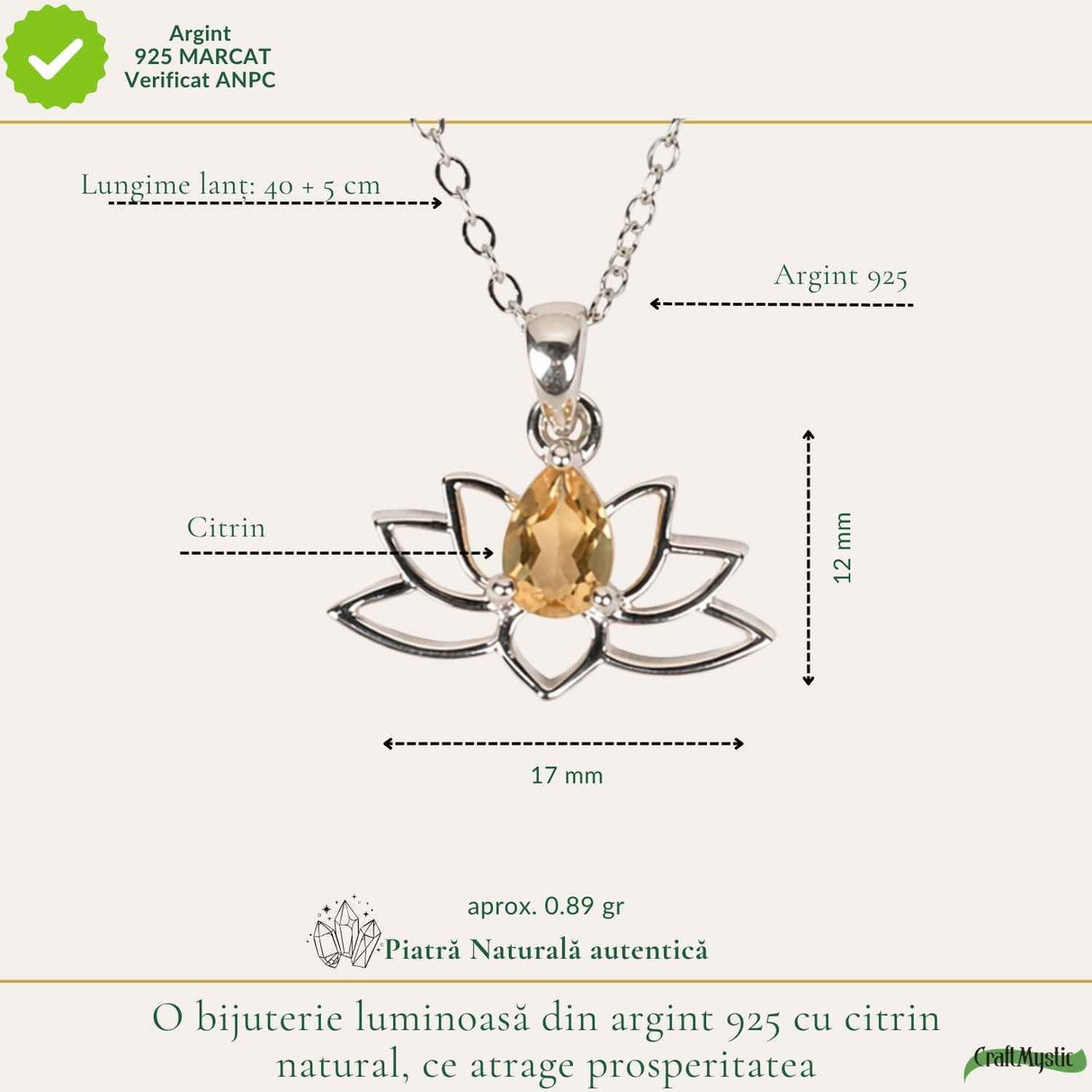 Colier citrin natural lotus argint 925 – energie, optimism si echilibru