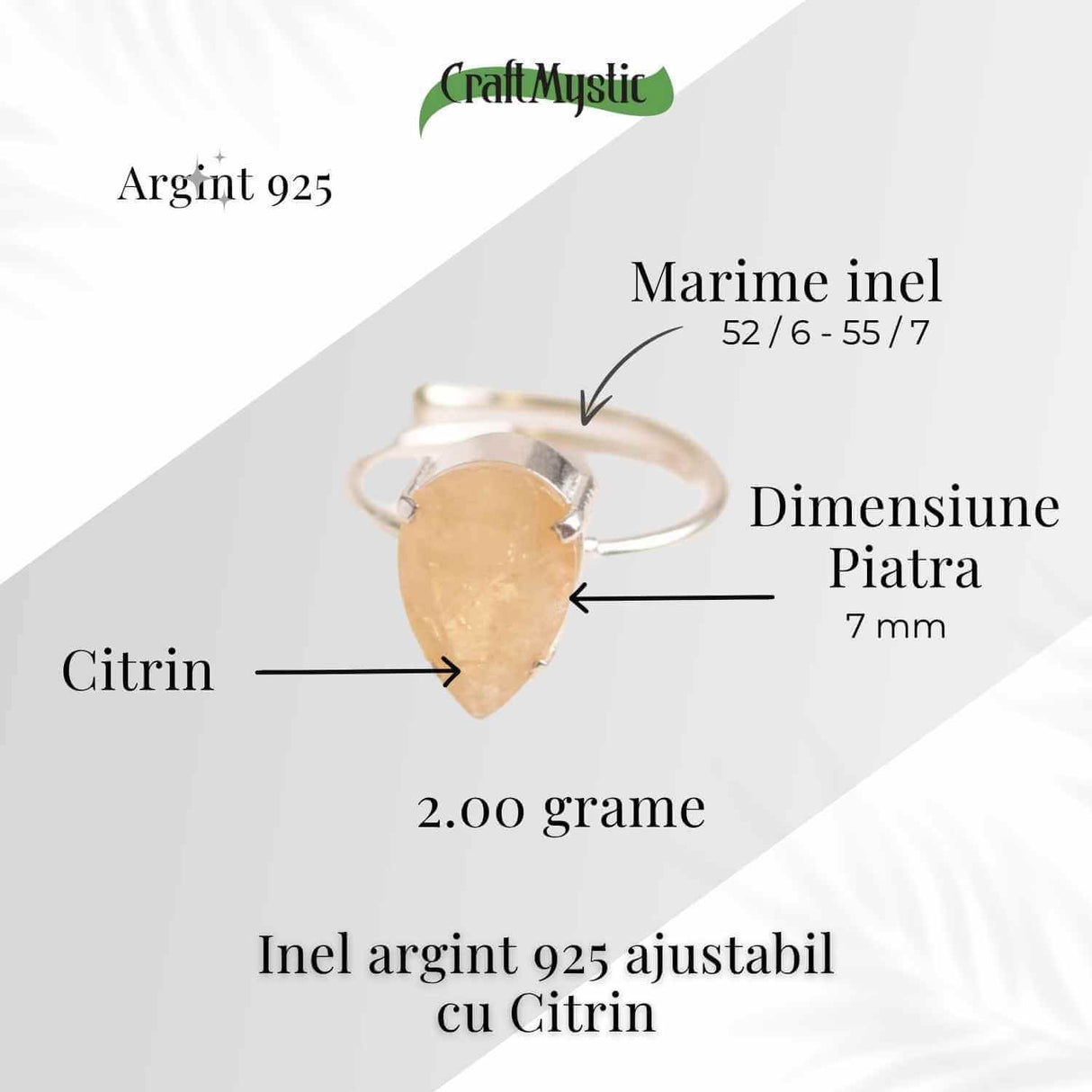 Inel ajustabil Argint 925 cu Citrin Fatetat - Abundenta si Energie Pozitiva in Fiecare Zi