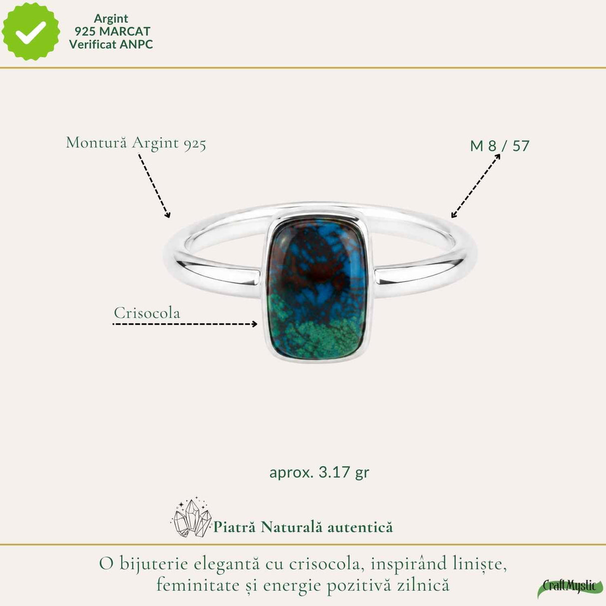 Inel Argint 925 cu Crisocola Dreptunghi – Echilibru si Eleganta Naturala