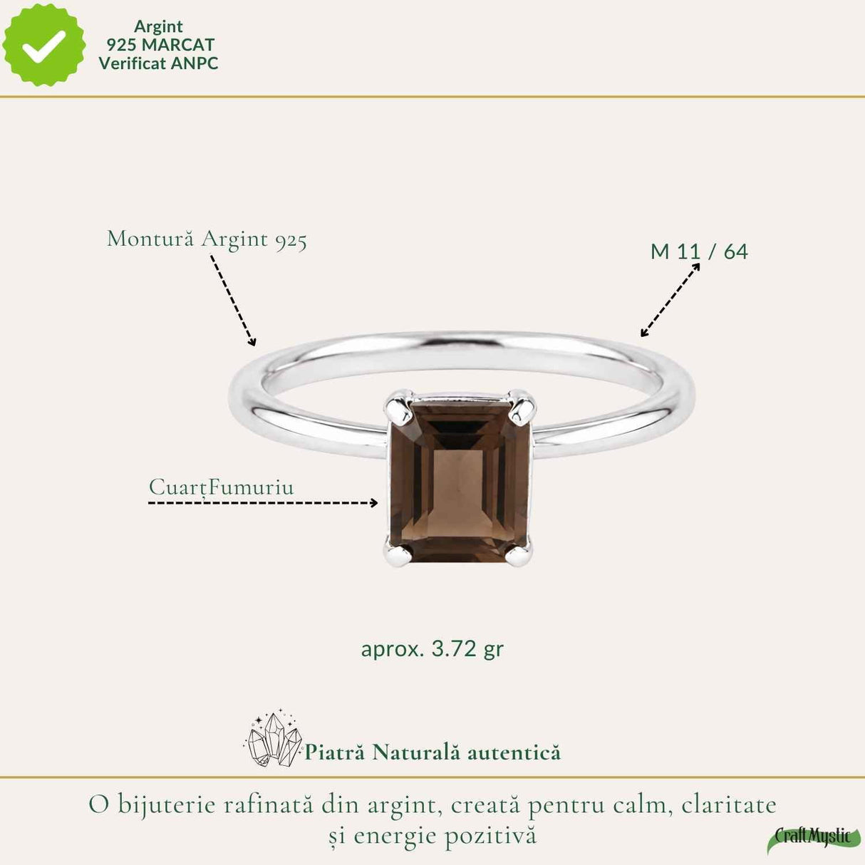 Inel Argint 925 cu Cuart Fumuriu Fatetat Dreptunghi – Protectie si Stabilitate
