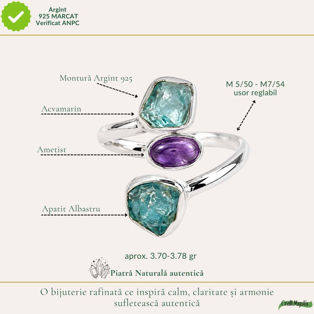 Inel Argint 925 cu Acvamarin, Ametist si Apatit Albastru – Claritate si Calm