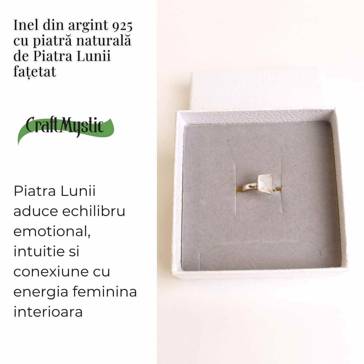 Inel Argint 925 cu Piatra Lunii Fatetata Patrata - Echilibru Emotional si Lumina Interioara