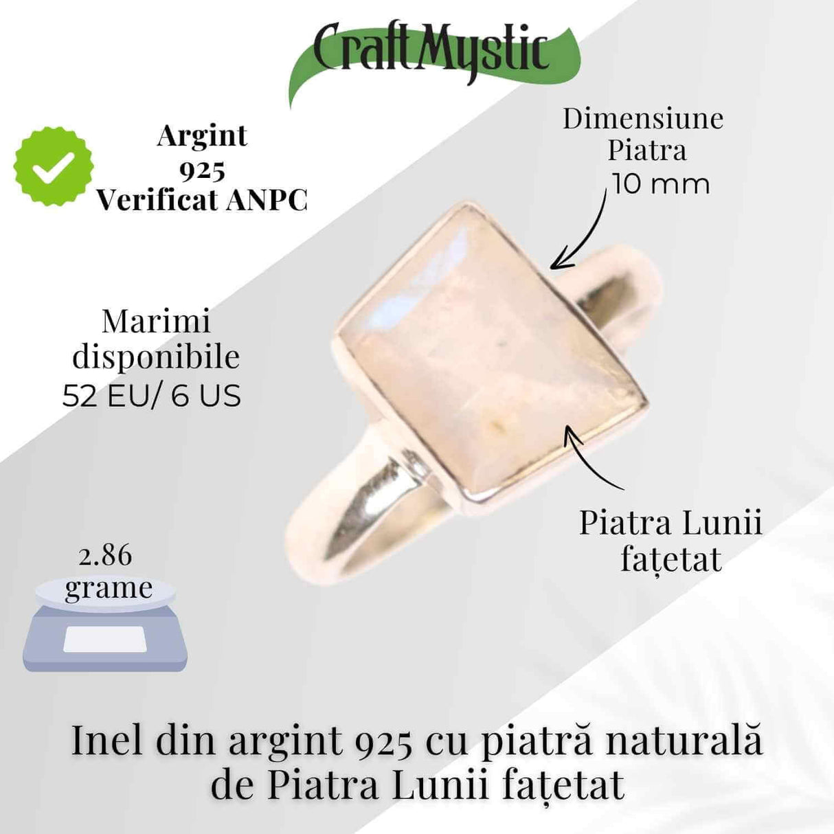 Inel Argint 925 cu Piatra Lunii Fatetata Patrata - Echilibru Emotional si Lumina Interioara
