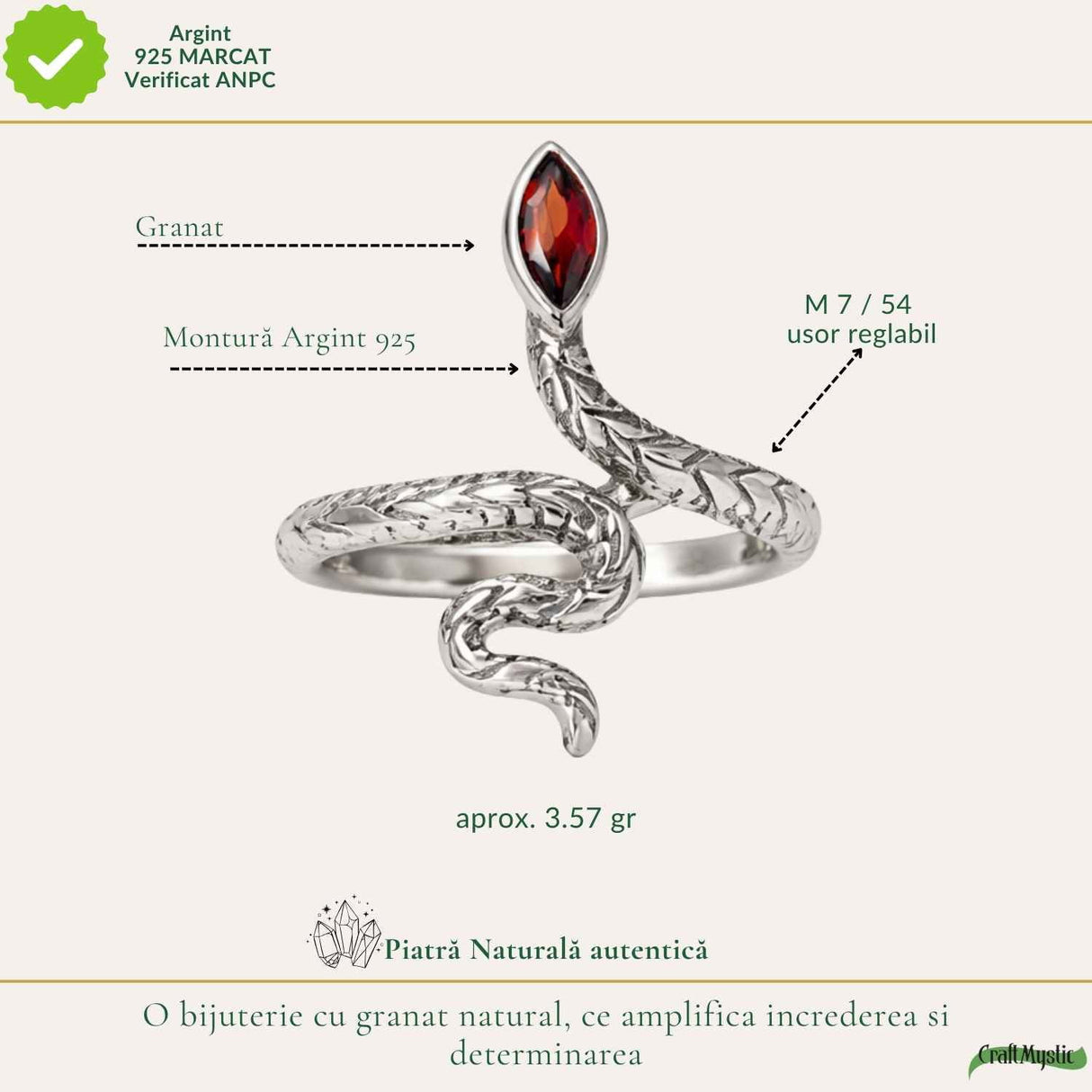 Inel Argint 925 cu Granat Sarpe – Protectie, Transformare si Putere