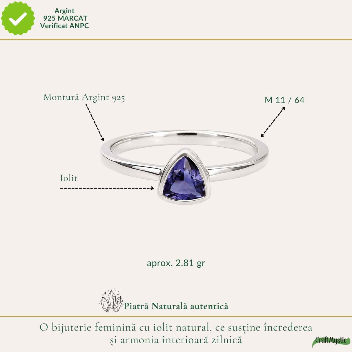 Inel Argint 925 cu Iolit Fatetat Triunghi – Intuitie si Energie Echilibrata