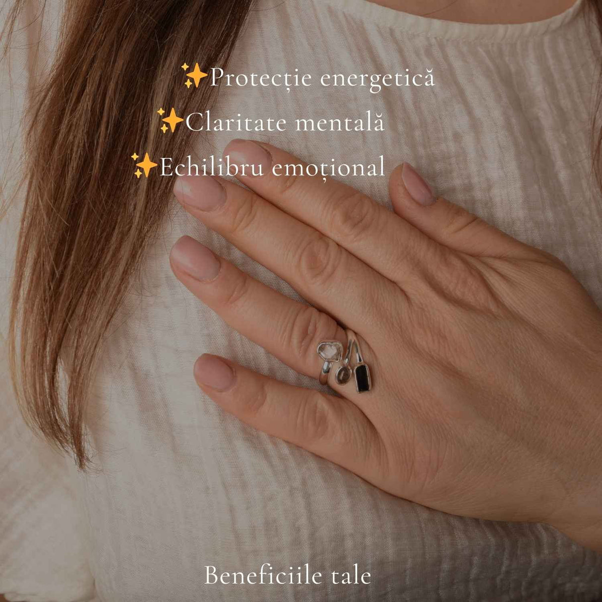 Inel Argint 925 cu Turmalina Neagra, Herkimer si Cuart Rutilat – Protectie si Claritate