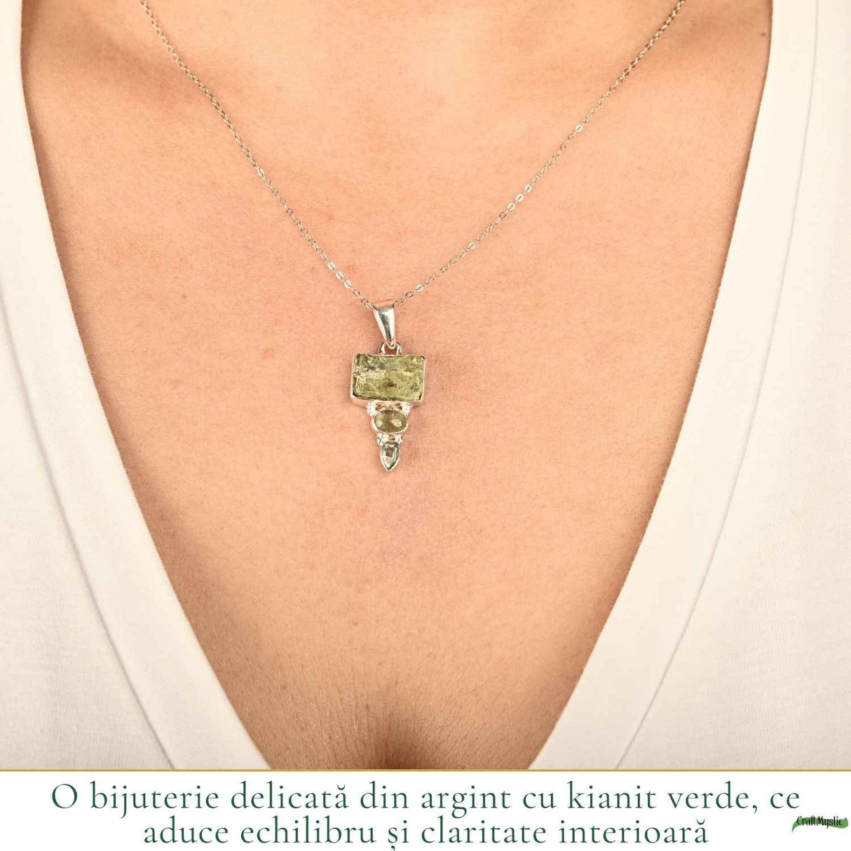 Colier Argint 925 cu Triplu Kianit Verde – Echilibru si Claritate Interioara