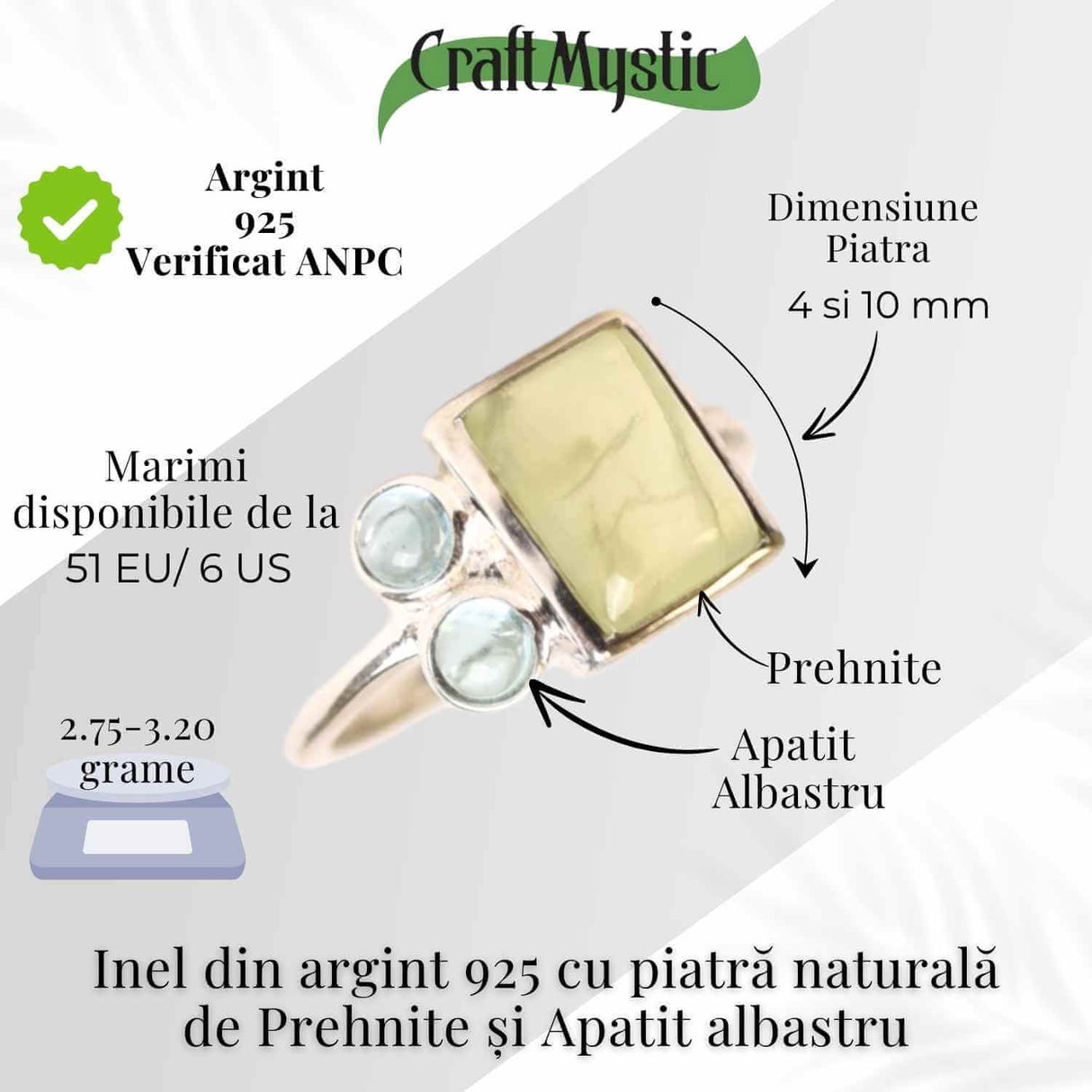 Inel Argint 925 cu Prehnite si Apatit Albastru - Claritate si Armonie Interioara