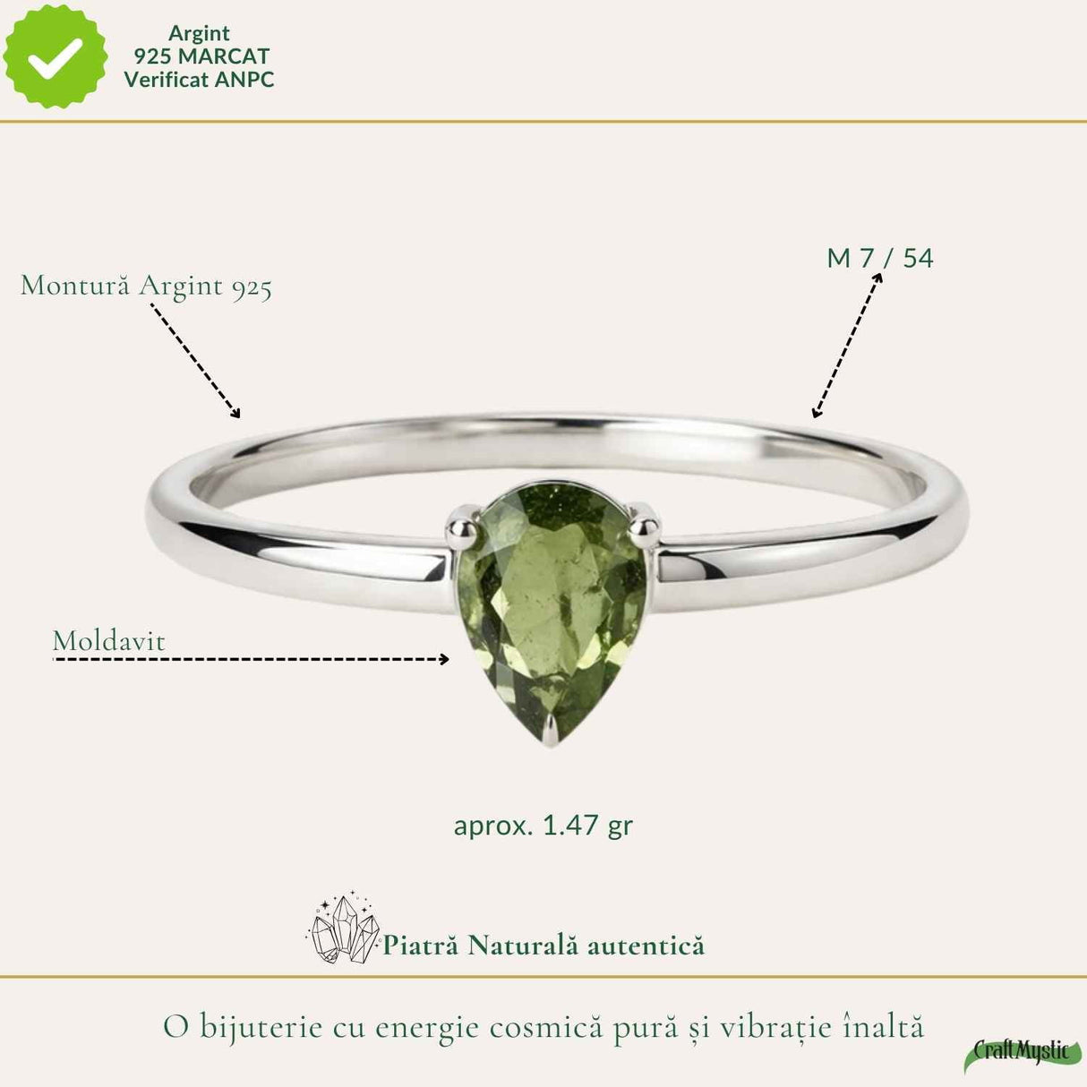 Inel Argint 925 cu Moldavit Fatetat Lacrima – Claritate si Transformare
