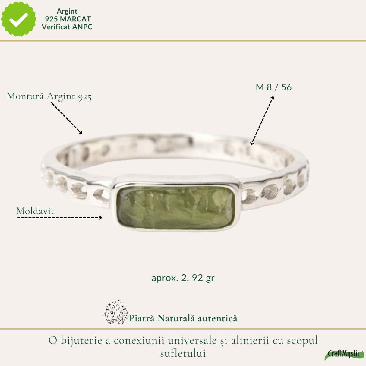 Inel Argint 925 cu Moldavit Brut Dreptunghiular – Claritate si Transformare