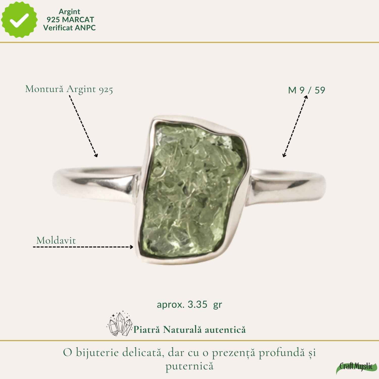 Inel din Argint 925 cu Moldavit Verde, M9/59 – Piatra Transformarii si Vindecarii Profunde