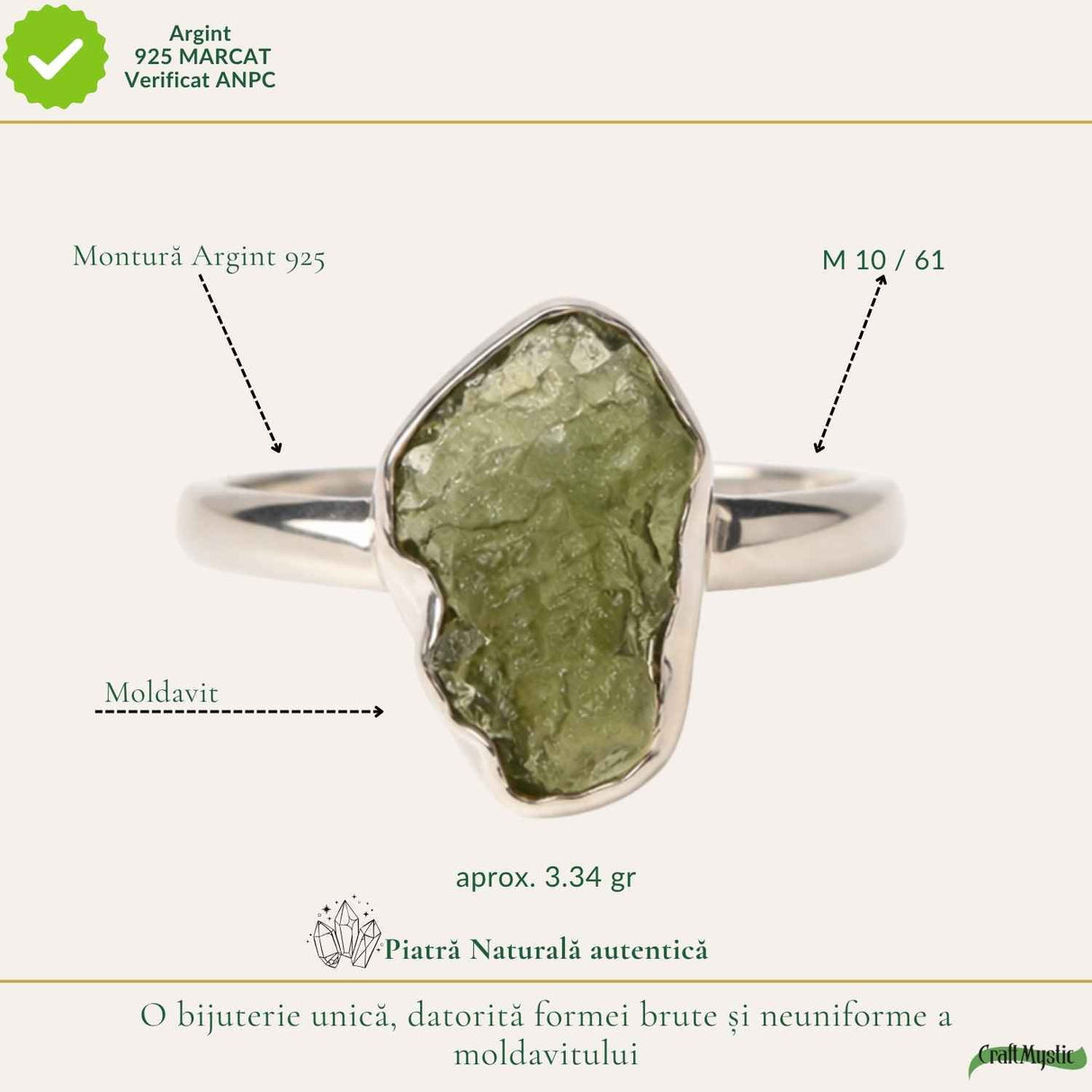 Inel Argint 925 cu Moldavit Natural, M10/61 – Claritate, Intuitie si Conexiune Universala