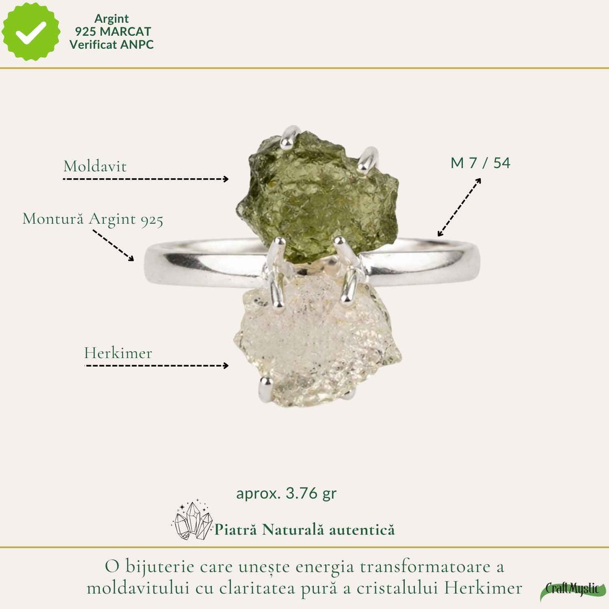 Inel argint 925 cu Moldavit si Herkimer, M7/54 – claritate si transformare profunda