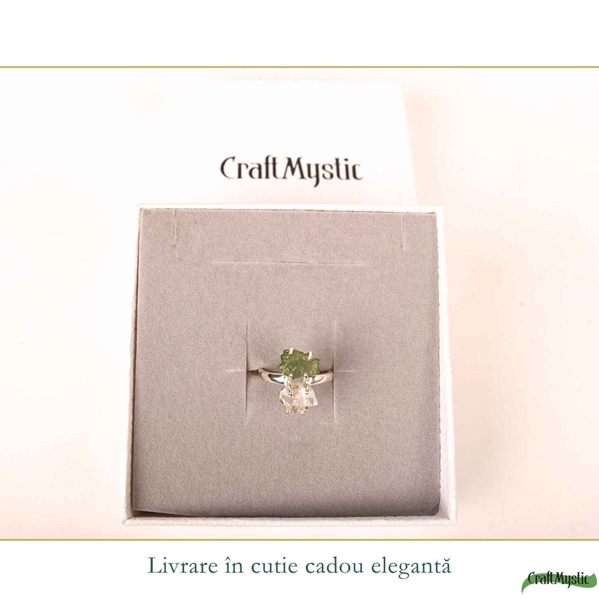 Inel argint 925 cu Moldavit si Herkimer, M7/54 – claritate si transformare profunda