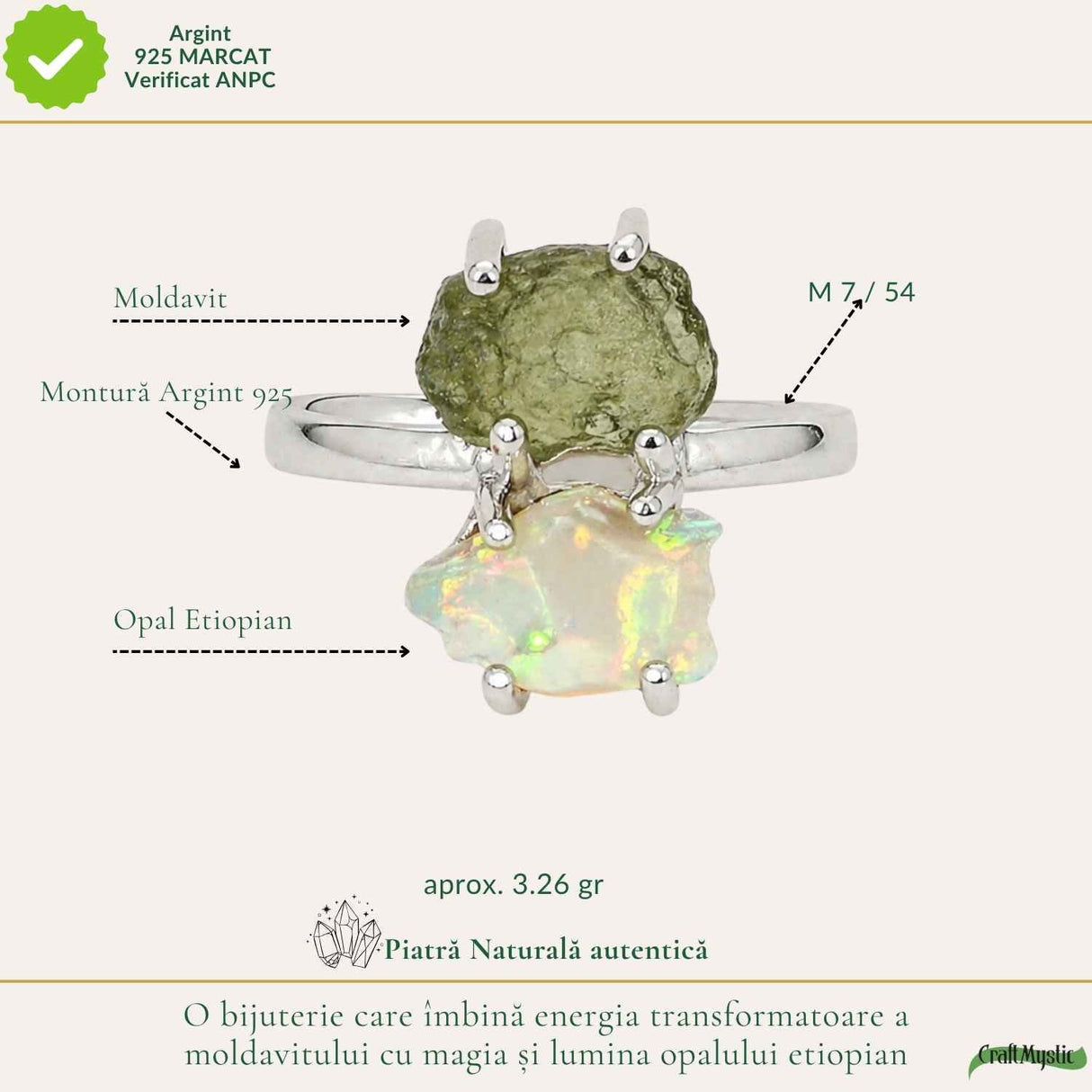 Inel argint 925 cu Moldavit si Opal Etiopian – inspiratie si transformare