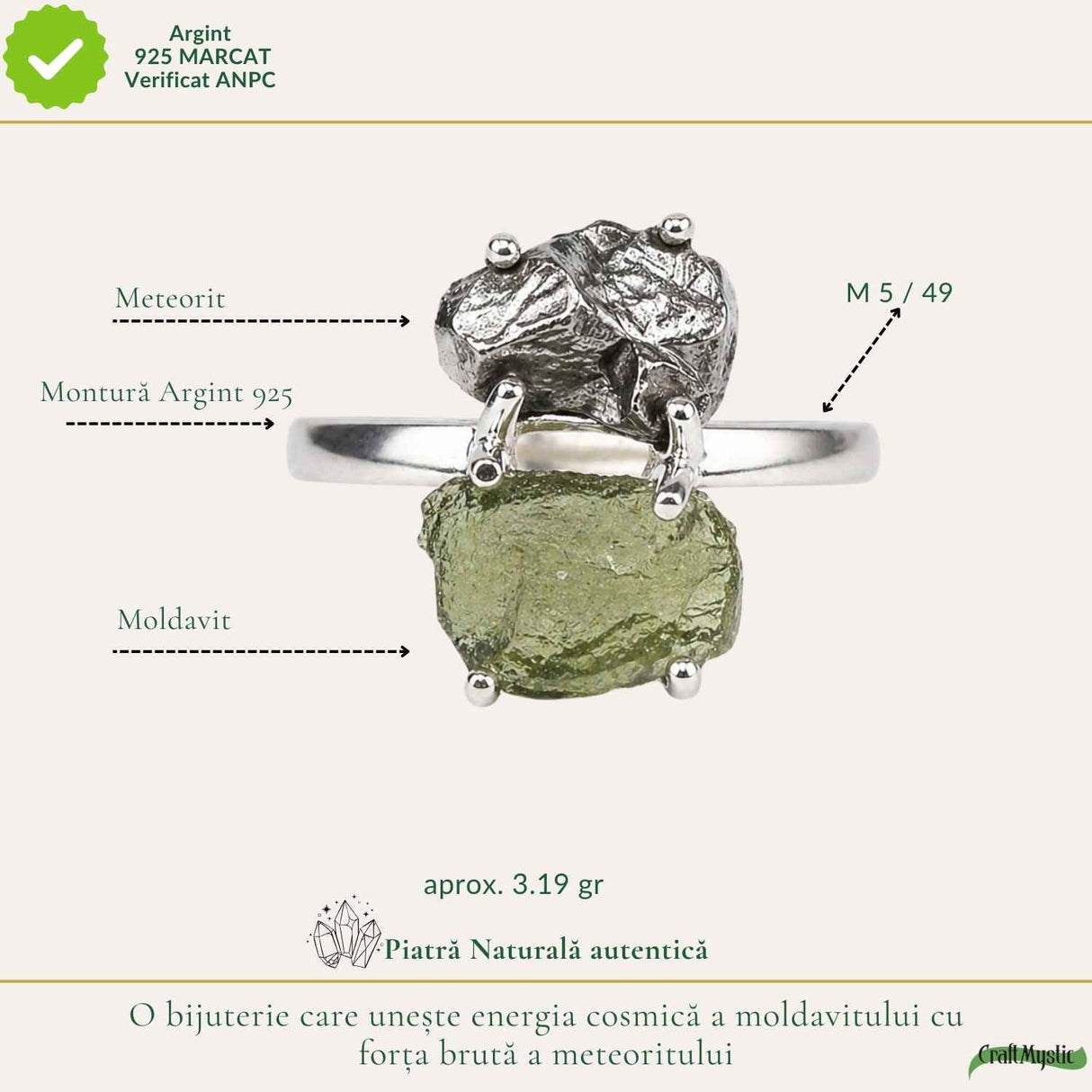 Inel argint 925 cu Moldavit si Meteorit – energie cosmica si transformare
