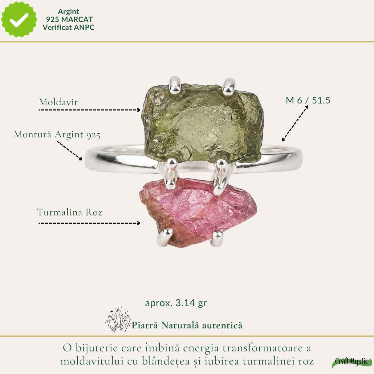 Inel argint 925 cu Moldavit si Turmalina Roz, M6/51.5 – iubire si transformare